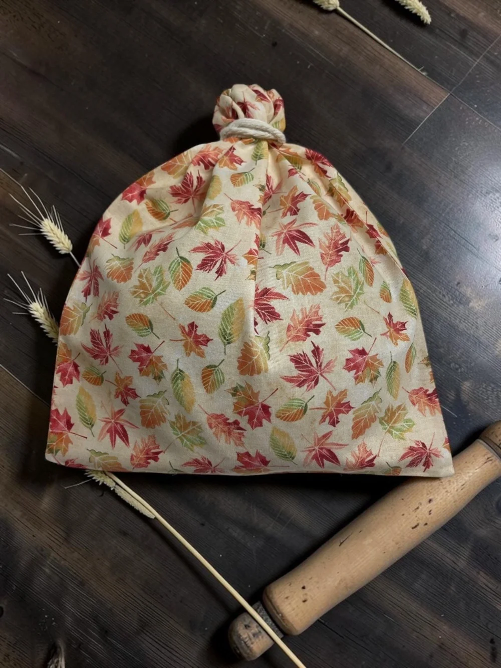 Fall Leaves Cotton Bread Bag with Matching Mason Jar Bonnet & Tea Towel